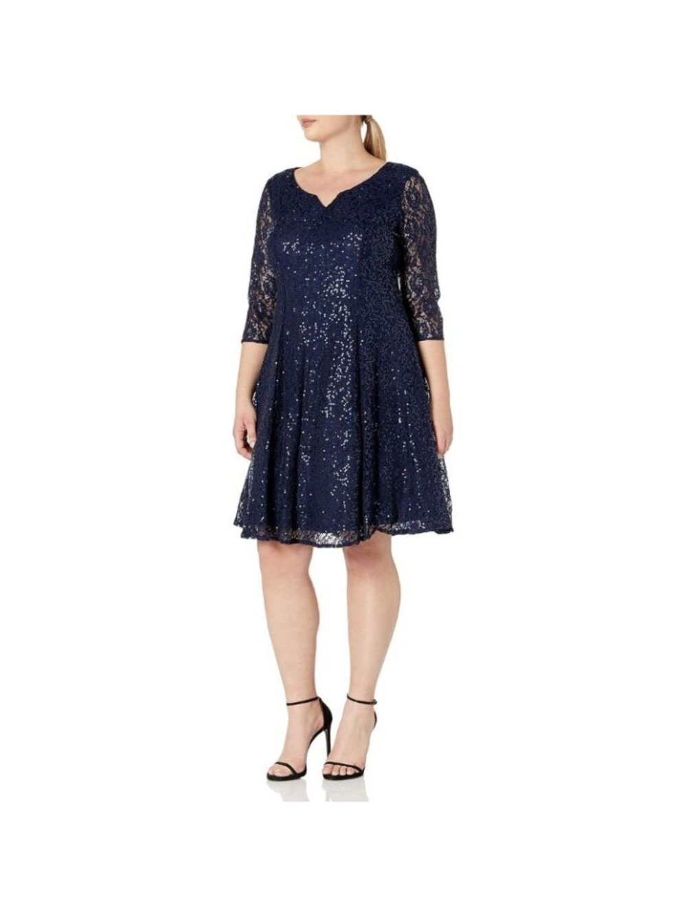 NWT SLNY Womens Navy Lace Sequined 3/4 Sleeve Knee-Length A-Line Dress PLUS 14W